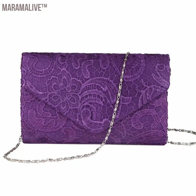 Ladies Silk Evening Bag Vintage Elegant Purple Lace Flower Bridal Clutches For Women Party Handbag Prom Chain Shoulder Bag Purse