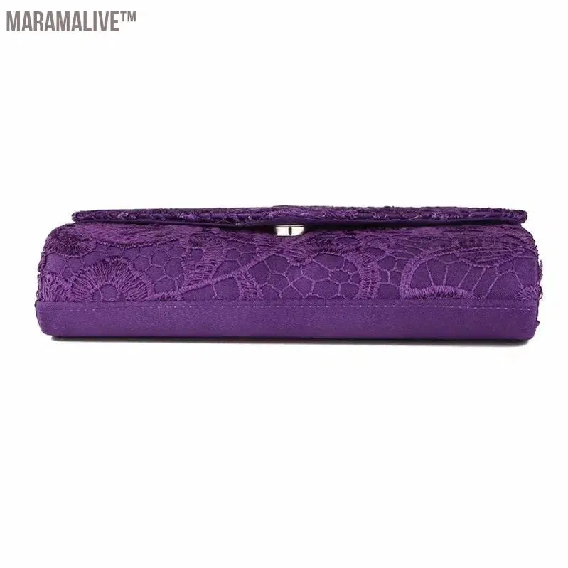 Ladies Silk Evening Bag Vintage Elegant Purple Lace Flower Bridal Clutches For Women Party Handbag Prom Chain Shoulder Bag Purse