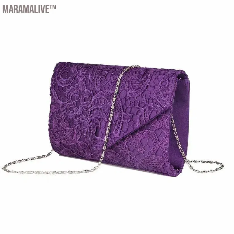 Ladies Silk Evening Bag Vintage Elegant Purple Lace Flower Bridal Clutches For Women Party Handbag Prom Chain Shoulder Bag Purse