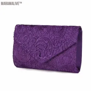 Ladies Silk Evening Bag Vintage Elegant Purple Lace Flower Bridal Clutches For Women Party Handbag Prom Chain Shoulder Bag Purse