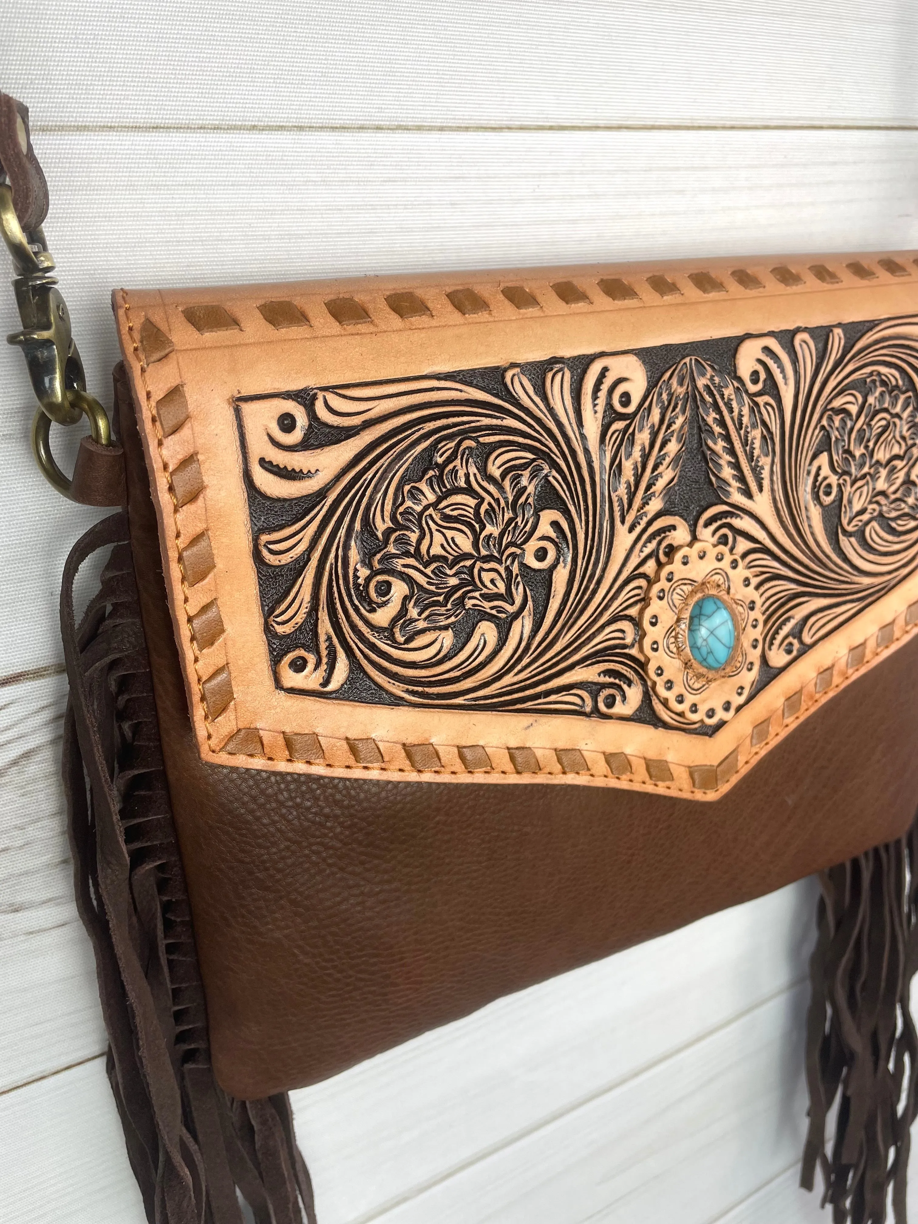 Leather Scroll Tooled Envelope Bag with Teal Stone