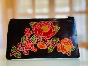 LEATHER WALLET/POUCH CHOCOLATE COLOR BACKGROUND WITH FLOWERS