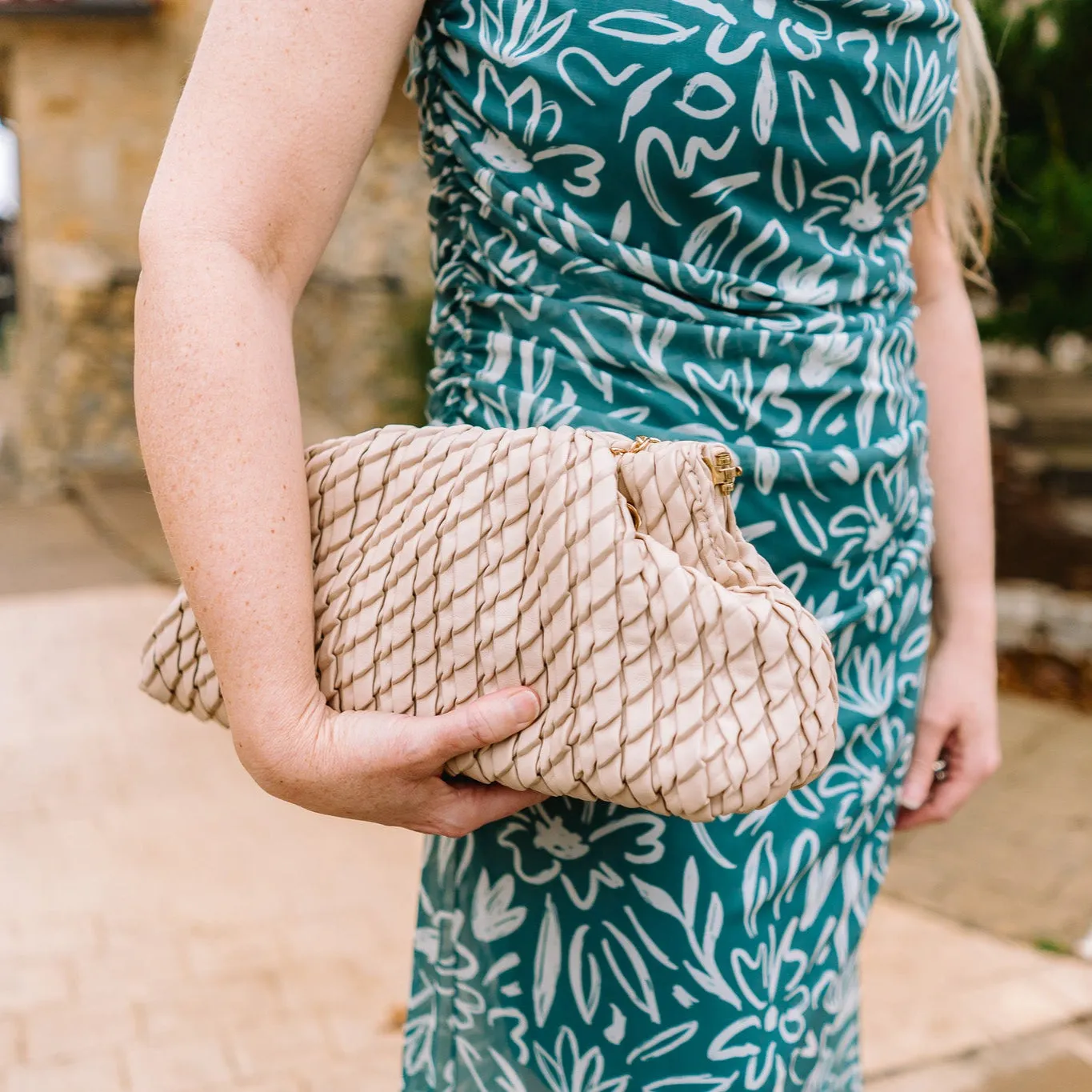 Leila Ruched Woven Satchel with Chain