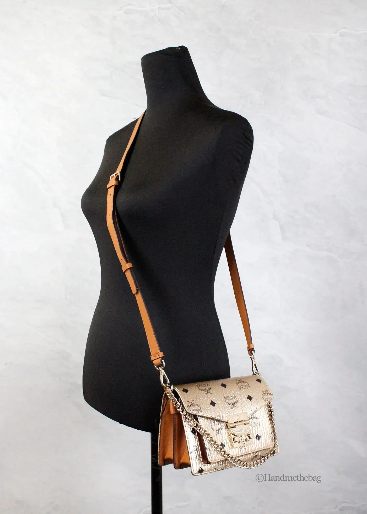MCM Berlin Gold Leather Mini Flap Lock Crossbody Handbag