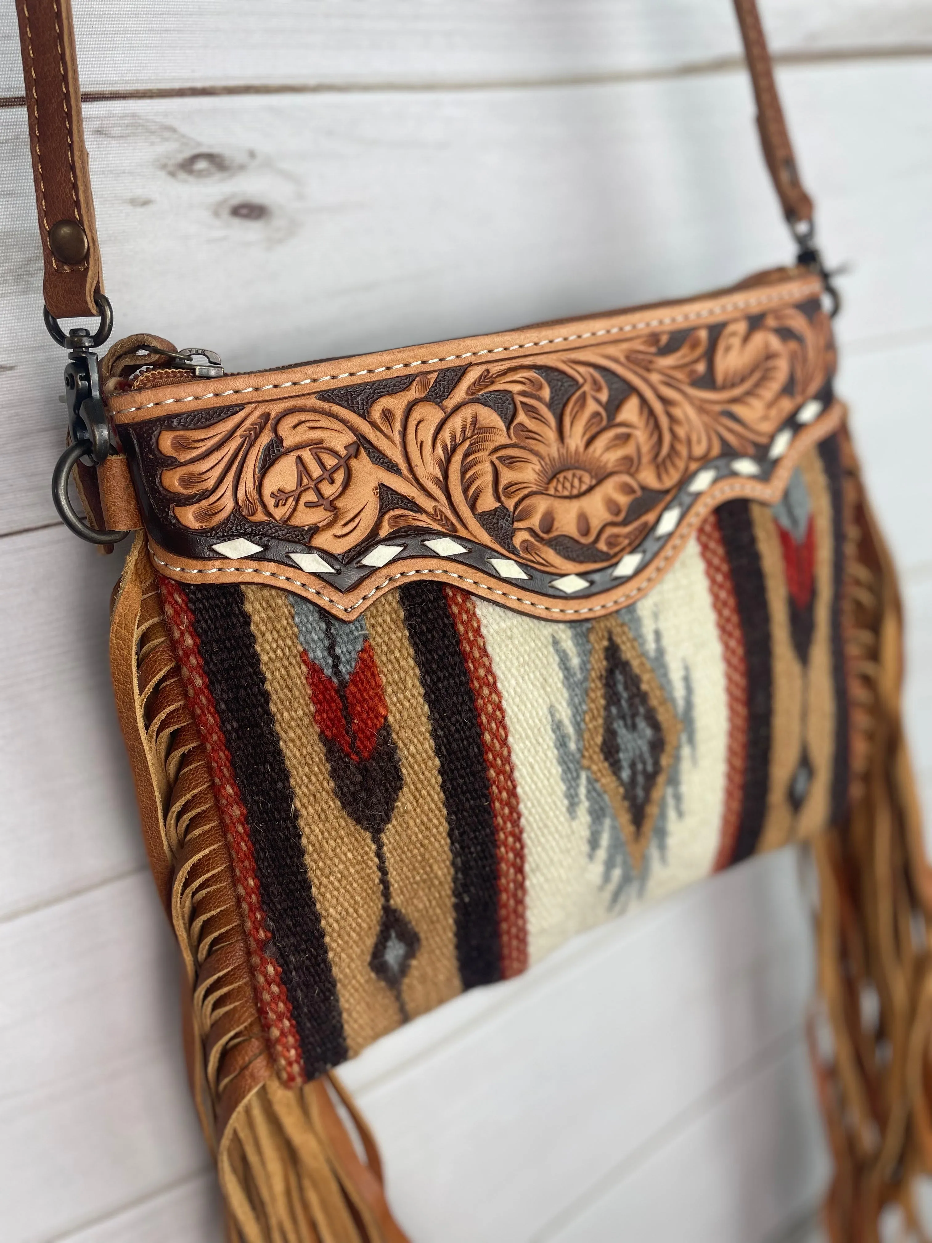 Medium Churro Tan Grey Wool & Leather Tooled Fringe Bag