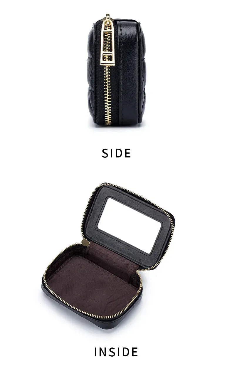 Mini Leather Cosmetic Bag – Stylish Lipstick & Coin Purse with Built-in Makeup Mirror