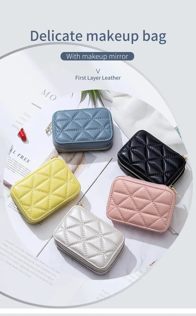 Mini Leather Cosmetic Bag – Stylish Lipstick & Coin Purse with Built-in Makeup Mirror
