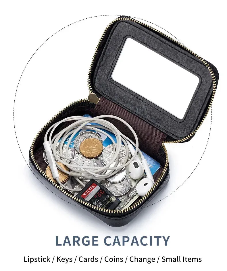 Mini Leather Cosmetic Bag – Stylish Lipstick & Coin Purse with Built-in Makeup Mirror