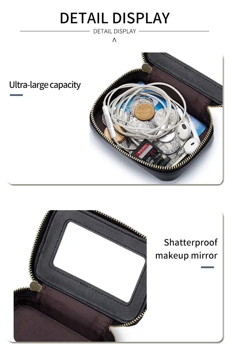 Mini Leather Cosmetic Bag – Stylish Lipstick & Coin Purse with Built-in Makeup Mirror