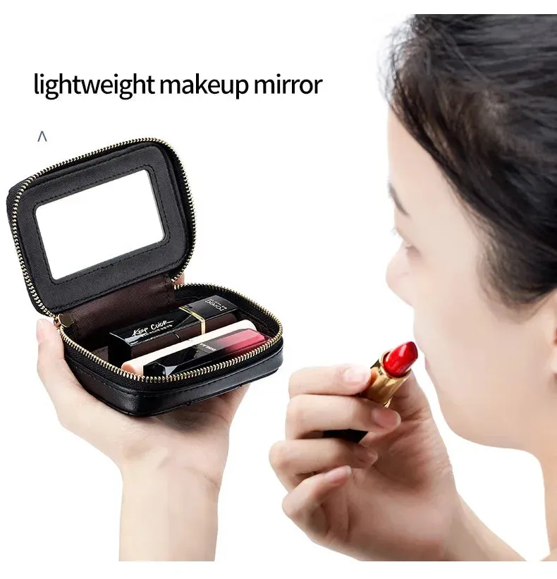 Mini Leather Cosmetic Bag – Stylish Lipstick & Coin Purse with Built-in Makeup Mirror