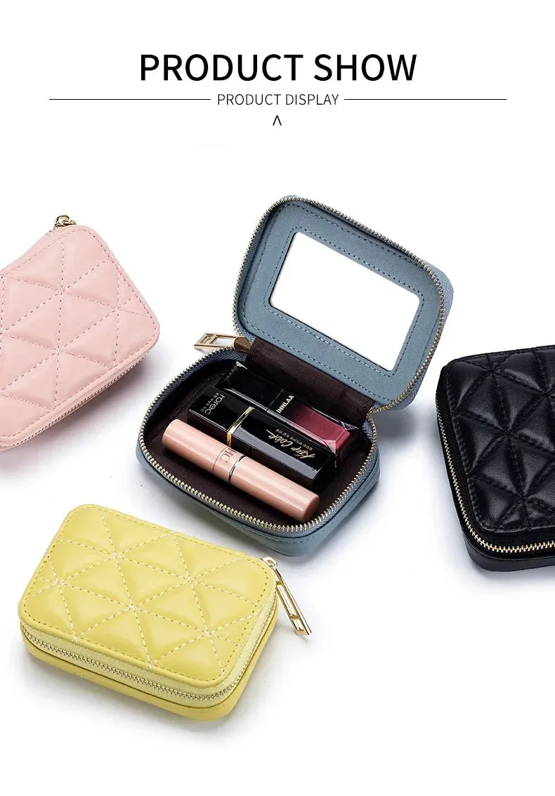 Mini Leather Cosmetic Bag – Stylish Lipstick & Coin Purse with Built-in Makeup Mirror