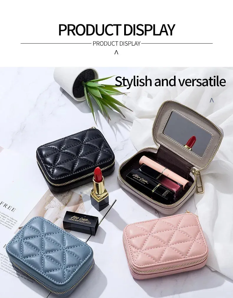 Mini Leather Cosmetic Bag – Stylish Lipstick & Coin Purse with Built-in Makeup Mirror