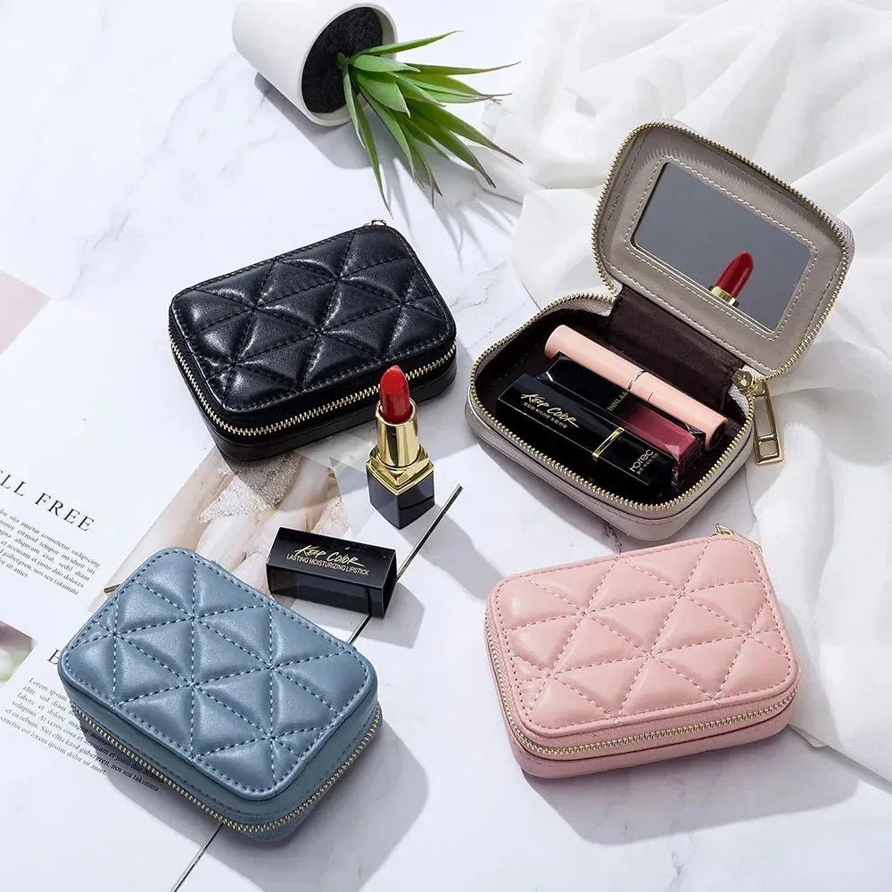 Mini Leather Cosmetic Bag – Stylish Lipstick & Coin Purse with Built-in Makeup Mirror