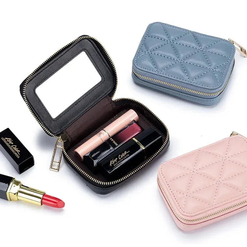 Mini Leather Cosmetic Bag – Stylish Lipstick & Coin Purse with Built-in Makeup Mirror
