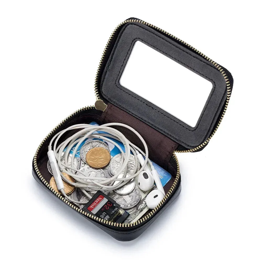 Mini Leather Cosmetic Bag – Stylish Lipstick & Coin Purse with Built-in Makeup Mirror