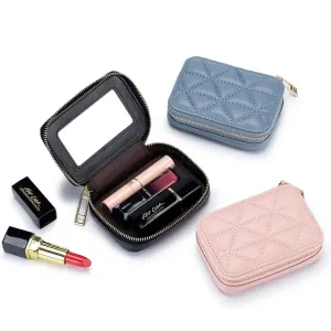 Mini Leather Cosmetic Bag – Stylish Lipstick & Coin Purse with Built-in Makeup Mirror