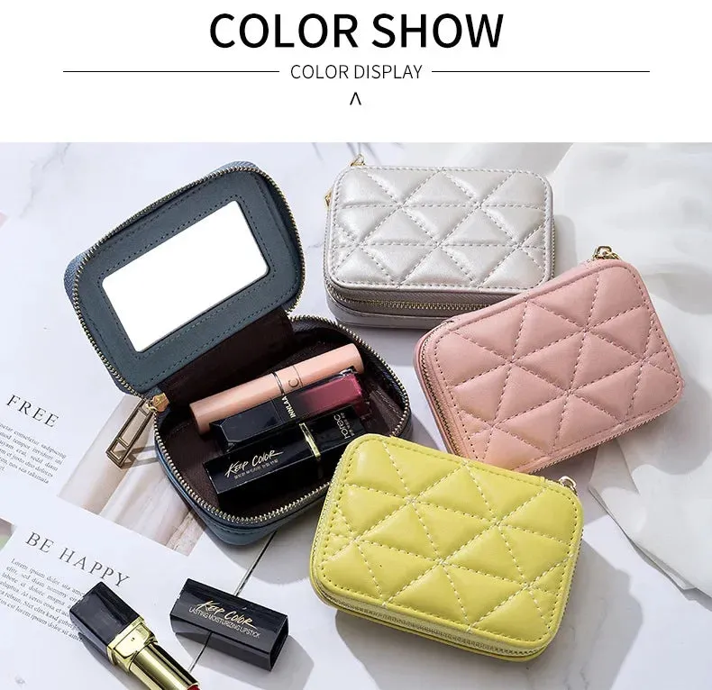 Mini Leather Cosmetic Bag – Stylish Lipstick & Coin Purse with Built-in Makeup Mirror
