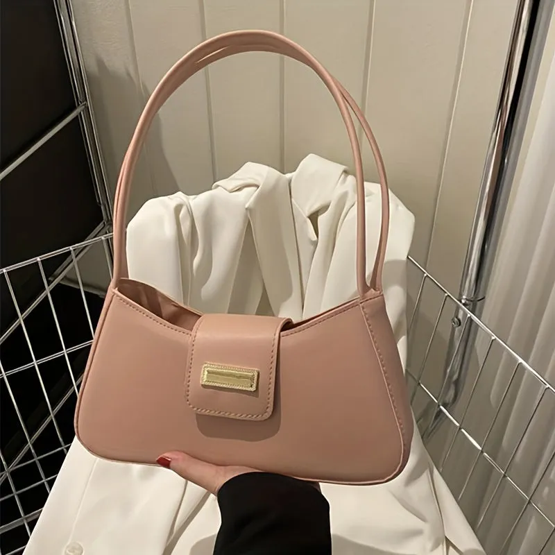 Minimalist Shoulder Bag, Simple Solid Color Underarm Bag, Women's Buckle Handbag & Purses