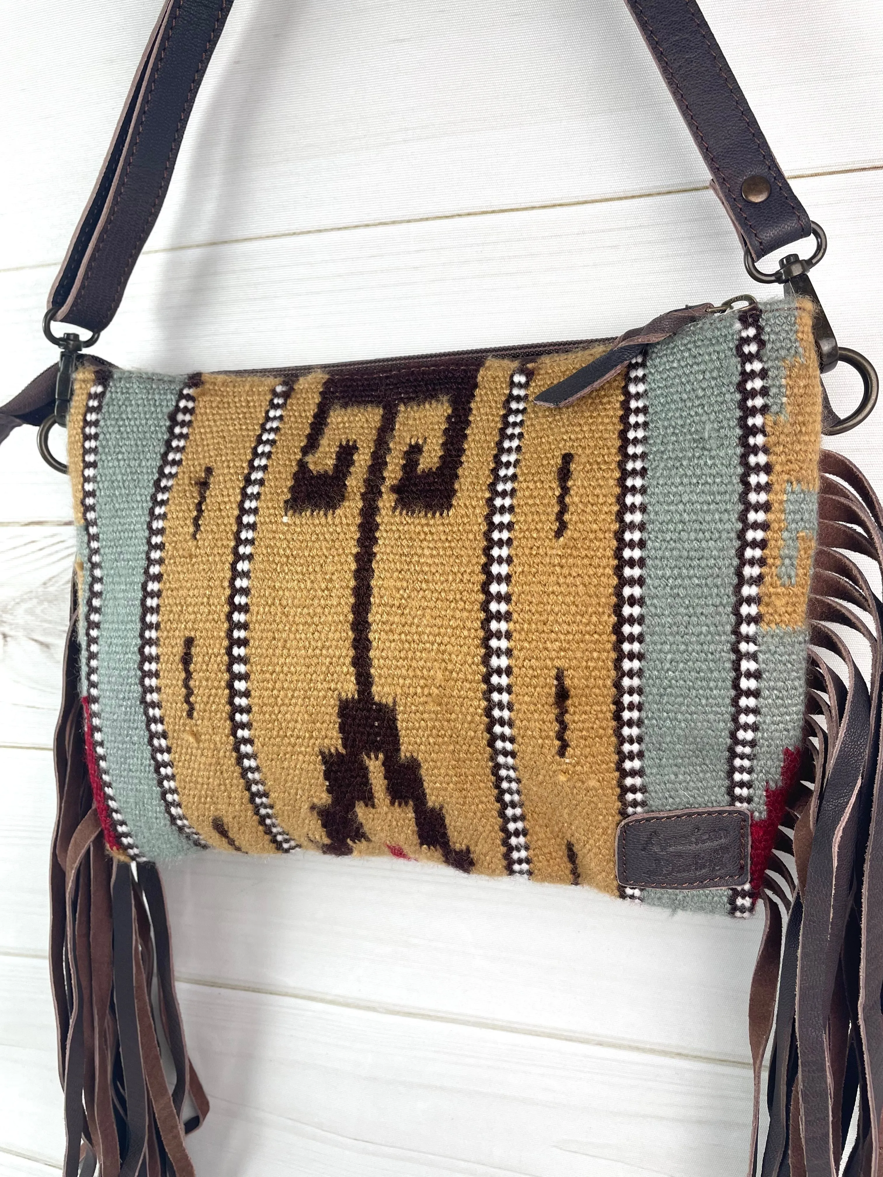 Mohave Medium Tan and Grey Leather Tooled Fringe Bag
