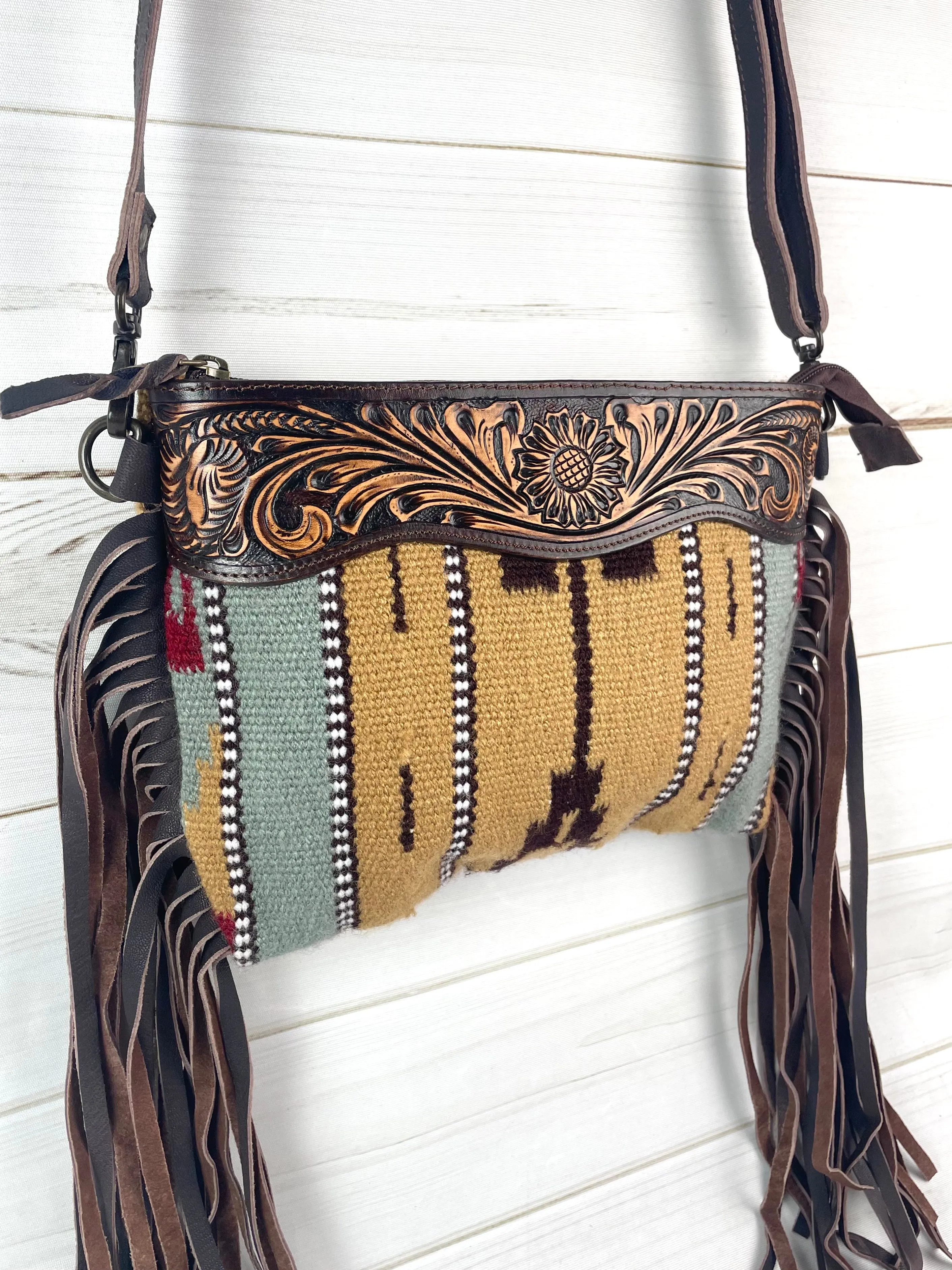 Mohave Medium Tan and Grey Leather Tooled Fringe Bag