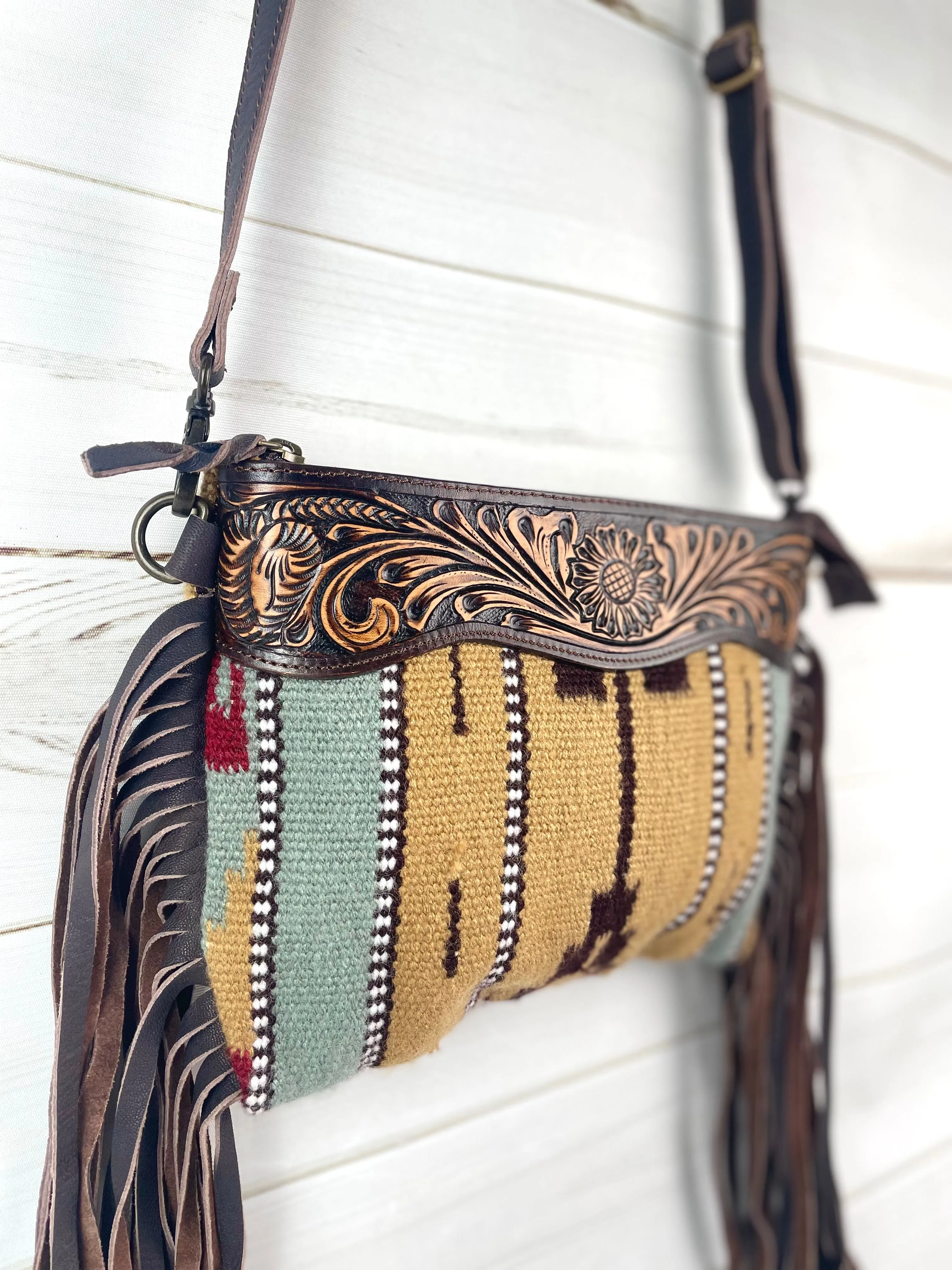 Mohave Medium Tan and Grey Leather Tooled Fringe Bag