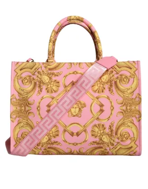 Pink Printed Large Fabric Leather Shopping Tote Bag