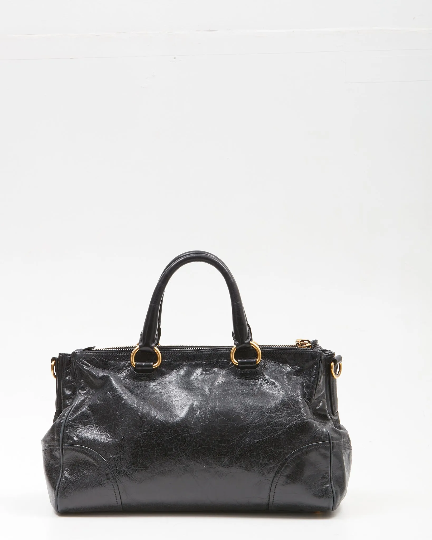 Prada Black Vitello Shine Leather Double Zip Convertible Medium Tote
