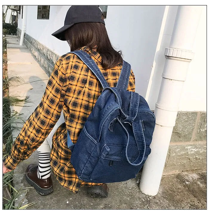 Realaiot Denim School Backpack For Women Travel bag Preppy Style backpacks for teenage girls laptop bag Daypack blue bolsas Mochila blue
