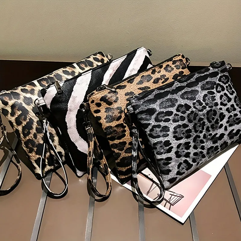 realaiot  Leopard Print Clutch Bag For Women, Vintage Chain Crossbody Bag, Fashion Wristlet Purses For Evening Party Banquet