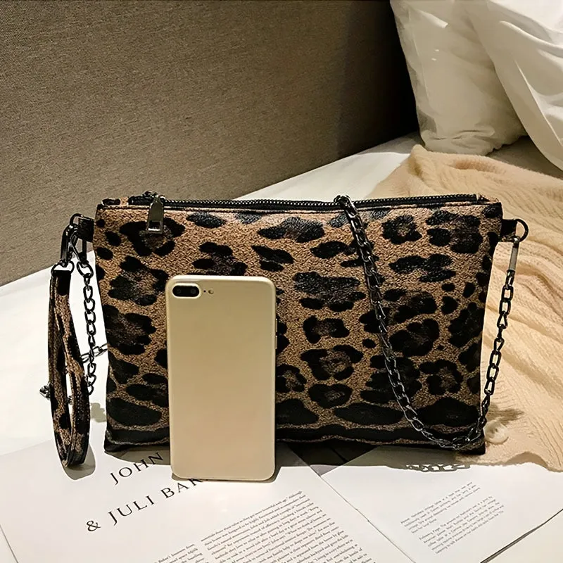 realaiot  Leopard Print Clutch Bag For Women, Vintage Chain Crossbody Bag, Fashion Wristlet Purses For Evening Party Banquet