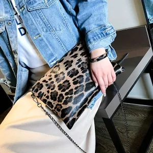 realaiot  Leopard Print Clutch Bag For Women, Vintage Chain Crossbody Bag, Fashion Wristlet Purses For Evening Party Banquet