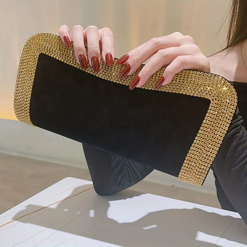 Rhinestone Decor Portable Clutch Bag, Metal Chain Shiny Crossbody Bag, Women's Purses & Evening Bags