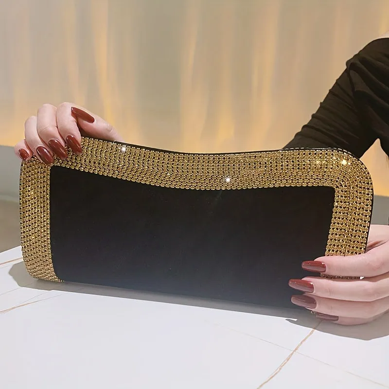 Rhinestone Decor Portable Clutch Bag, Metal Chain Shiny Crossbody Bag, Women's Purses & Evening Bags