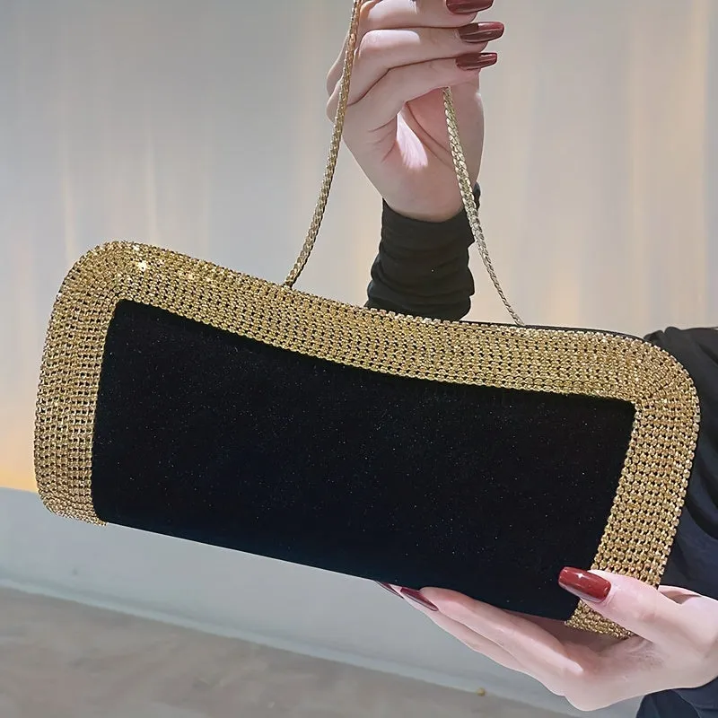 Rhinestone Decor Portable Clutch Bag, Metal Chain Shiny Crossbody Bag, Women's Purses & Evening Bags