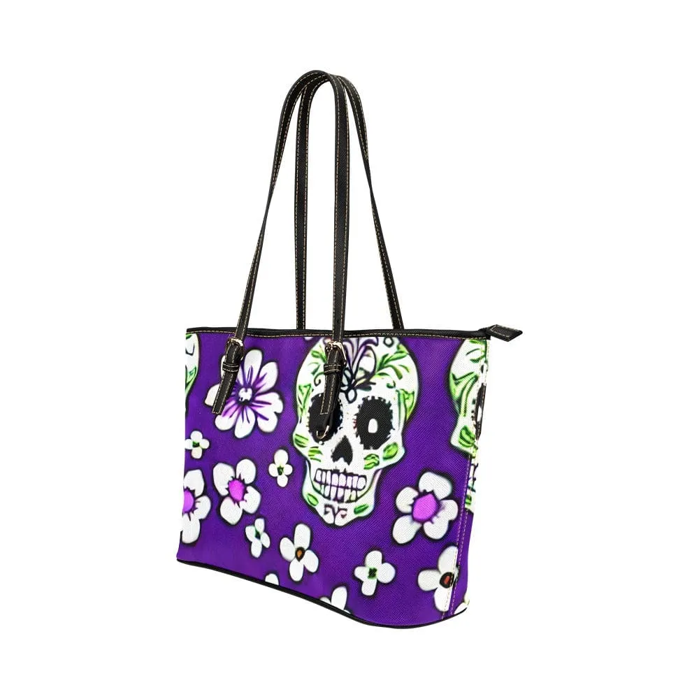 Skull Floral Purple Leather Large Tote Bag