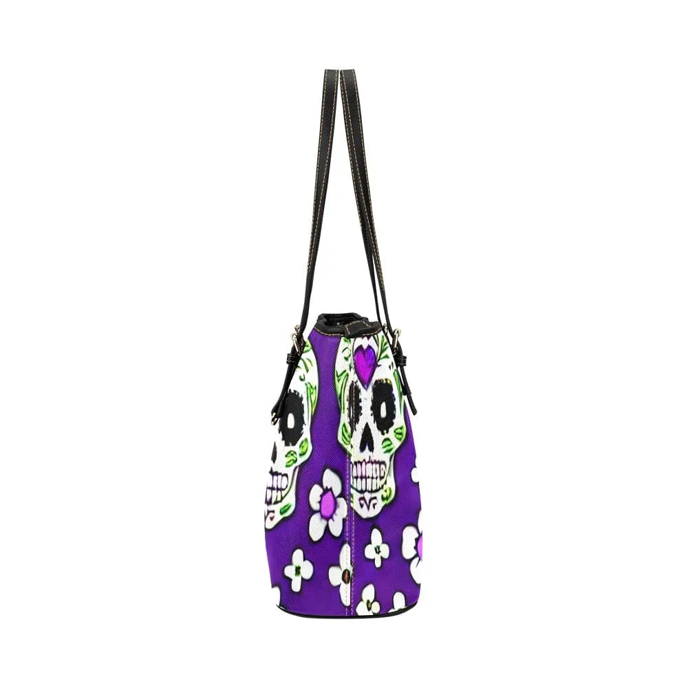 Skull Floral Purple Leather Large Tote Bag