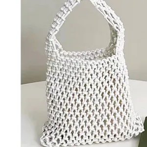 SOLID COLOR HOLLOW MESH WOVEN BUCKET BAG_CWAB1989: White / (OS) 1