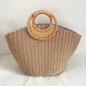 SUMMER BEACH SEA STRAW RATTAN TOTE CLUTCH BAGS_CWAB0814: CAMEL / (OS) 1