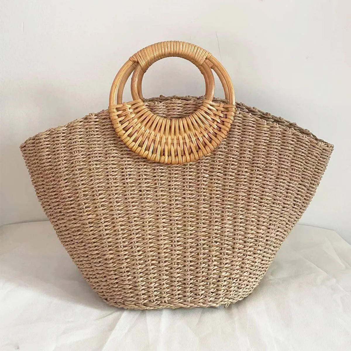 SUMMER BEACH SEA STRAW RATTAN TOTE CLUTCH BAGS_CWAB0814: CAMEL / (OS) 1