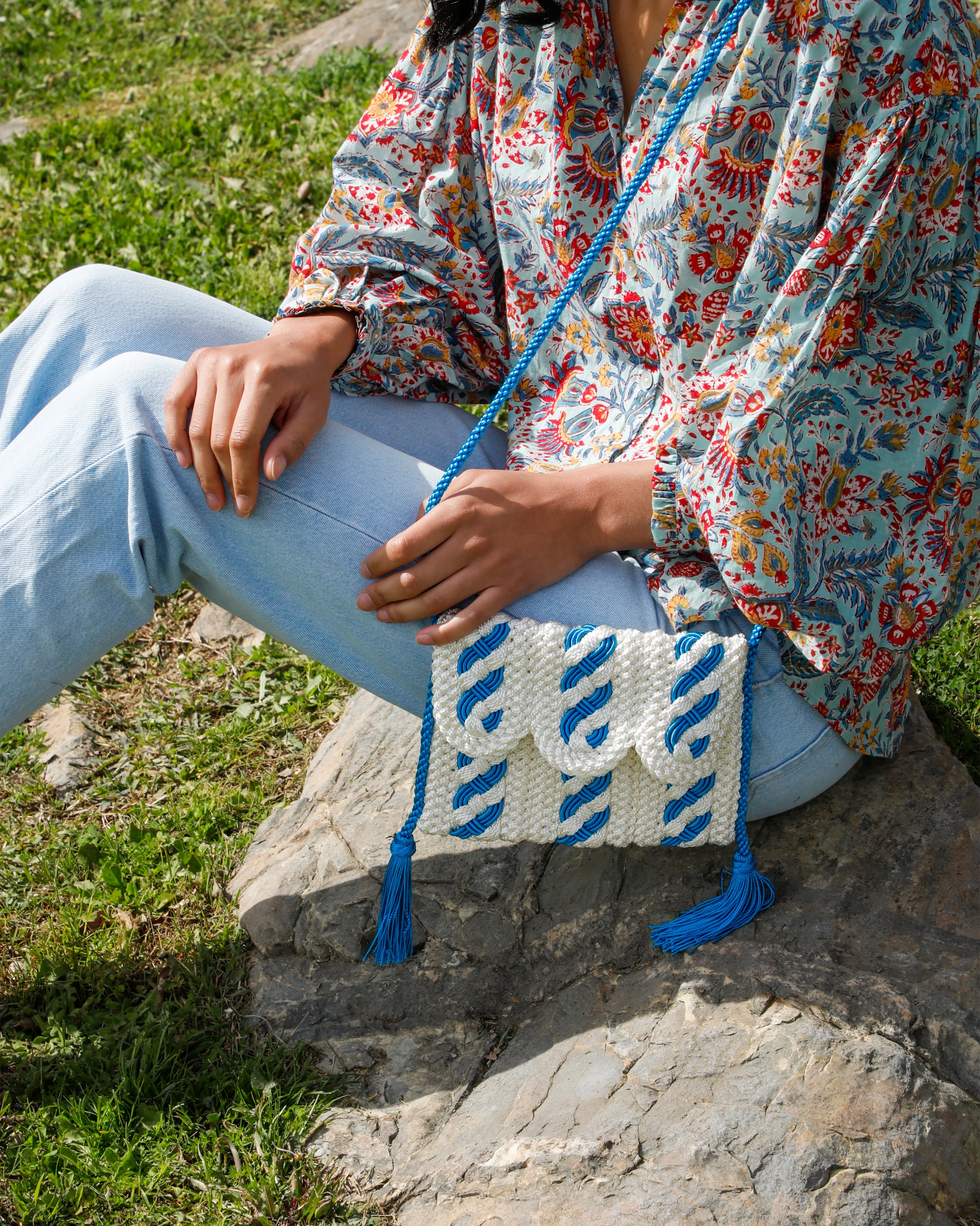 Two-Toned Majorelle Sabra Silk Braided Purse White