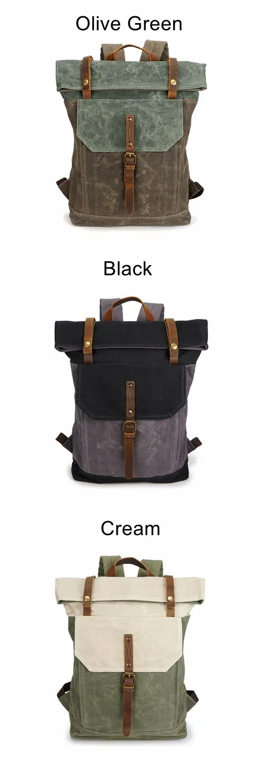 Vintage Canvas Leather Backpack Hiking Daypacks Laptop Backpacks Unisex Casual Rucksack