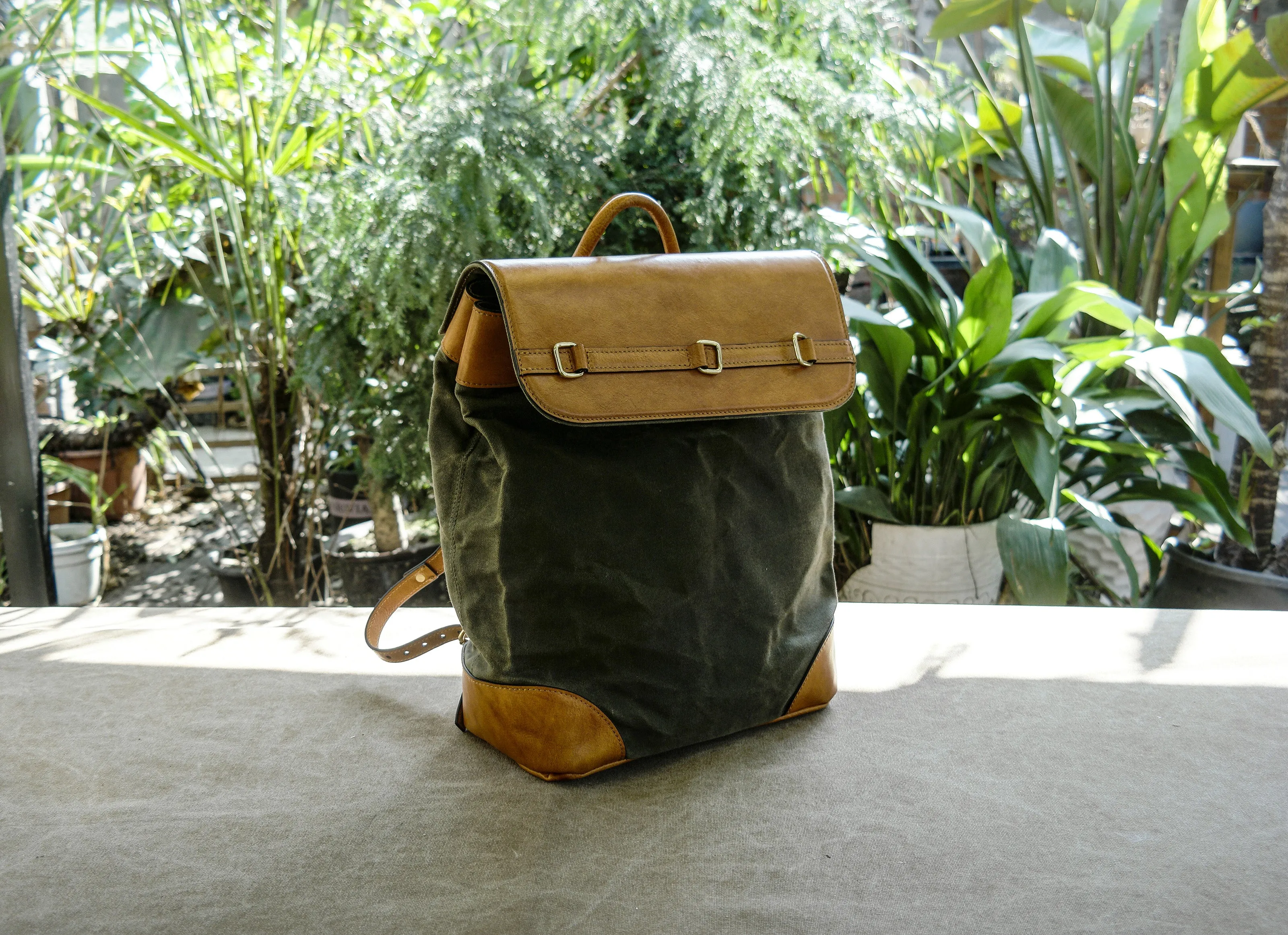Waxed canvas and vintage leather city backpack
