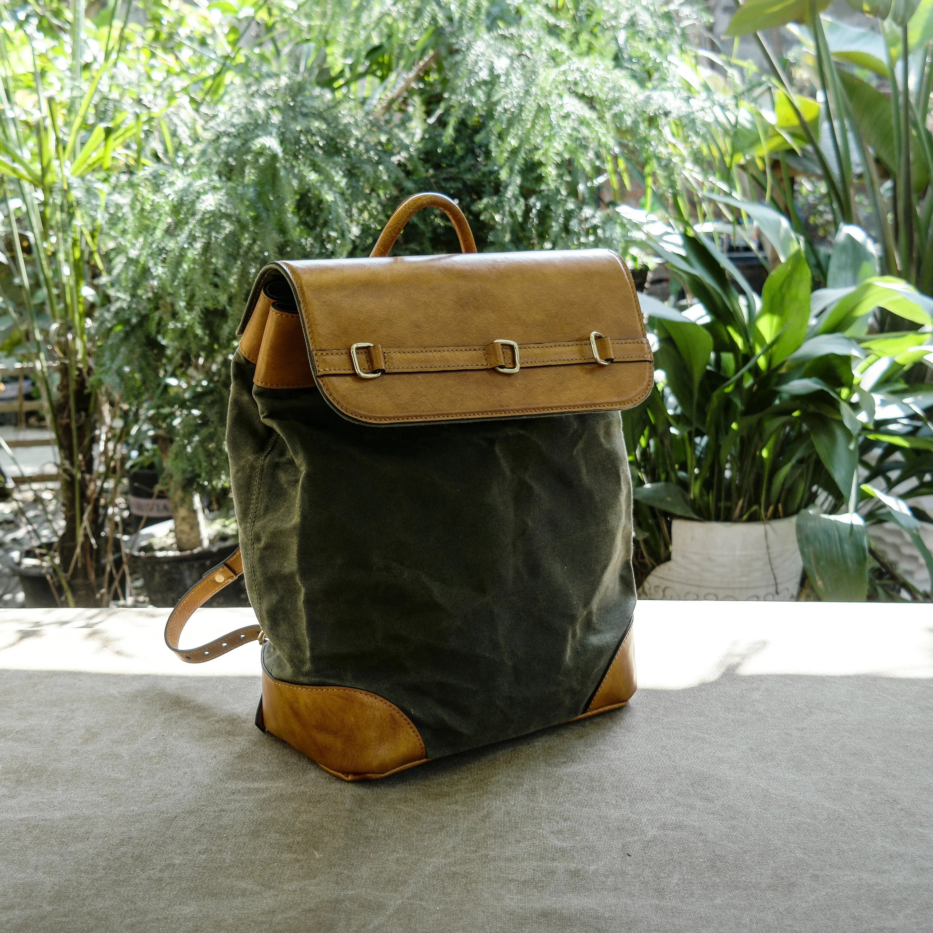 Waxed canvas and vintage leather city backpack