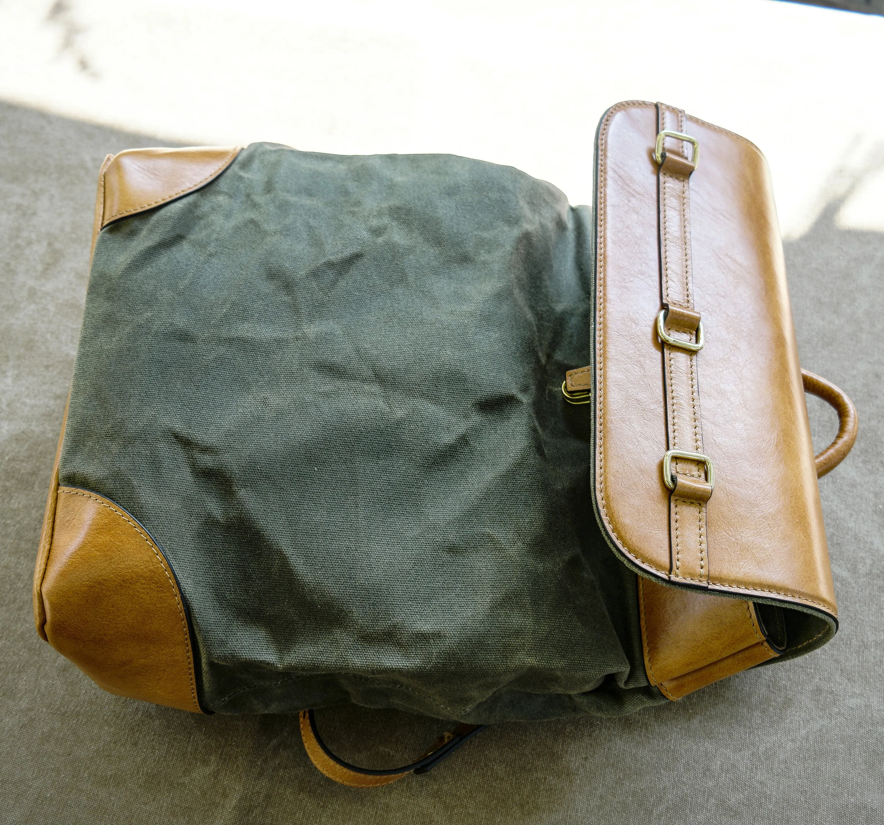 Waxed canvas and vintage leather city backpack