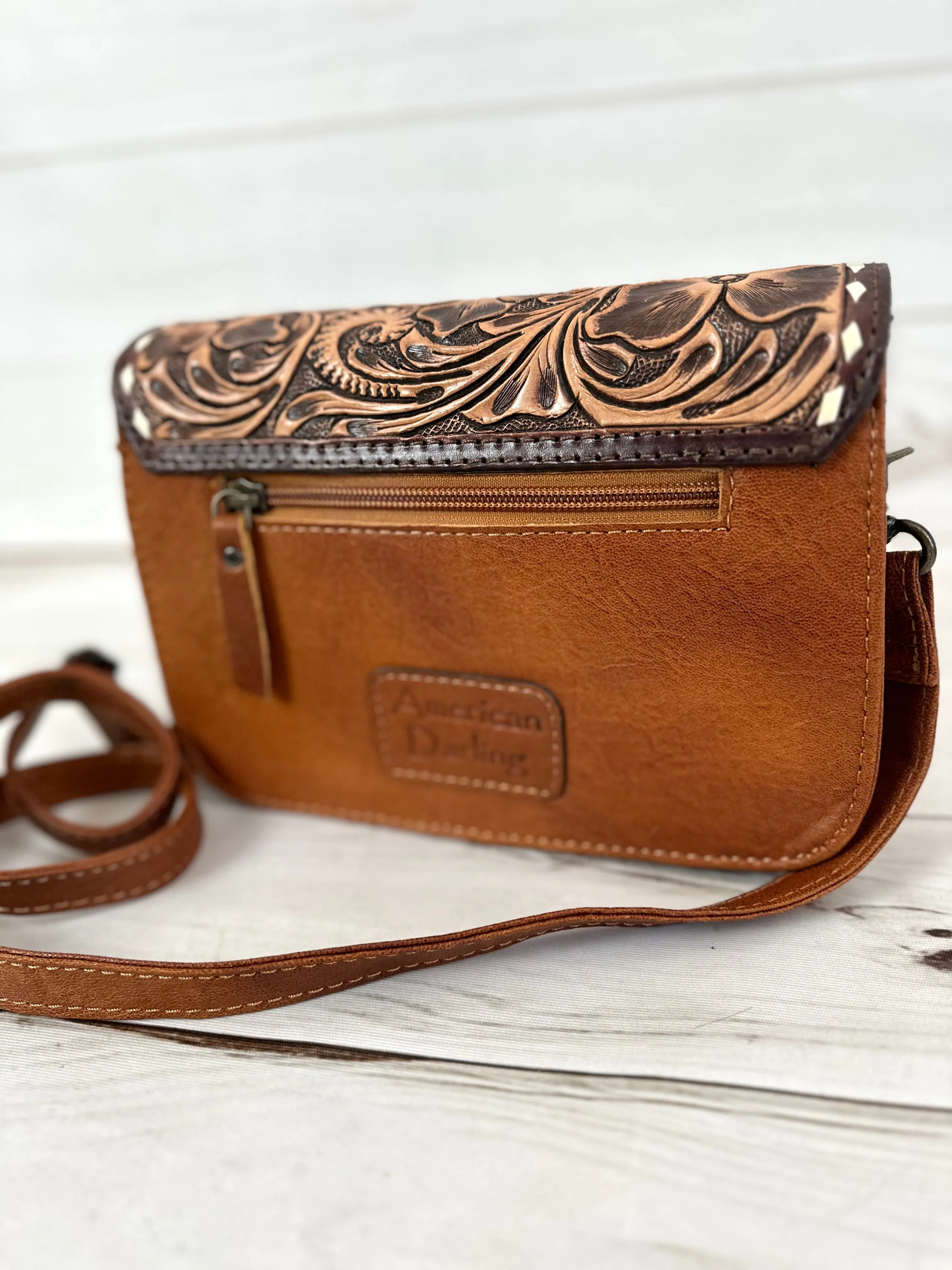 Western Leather Tooled and Cowhide Crossbody Envelope Style Bag