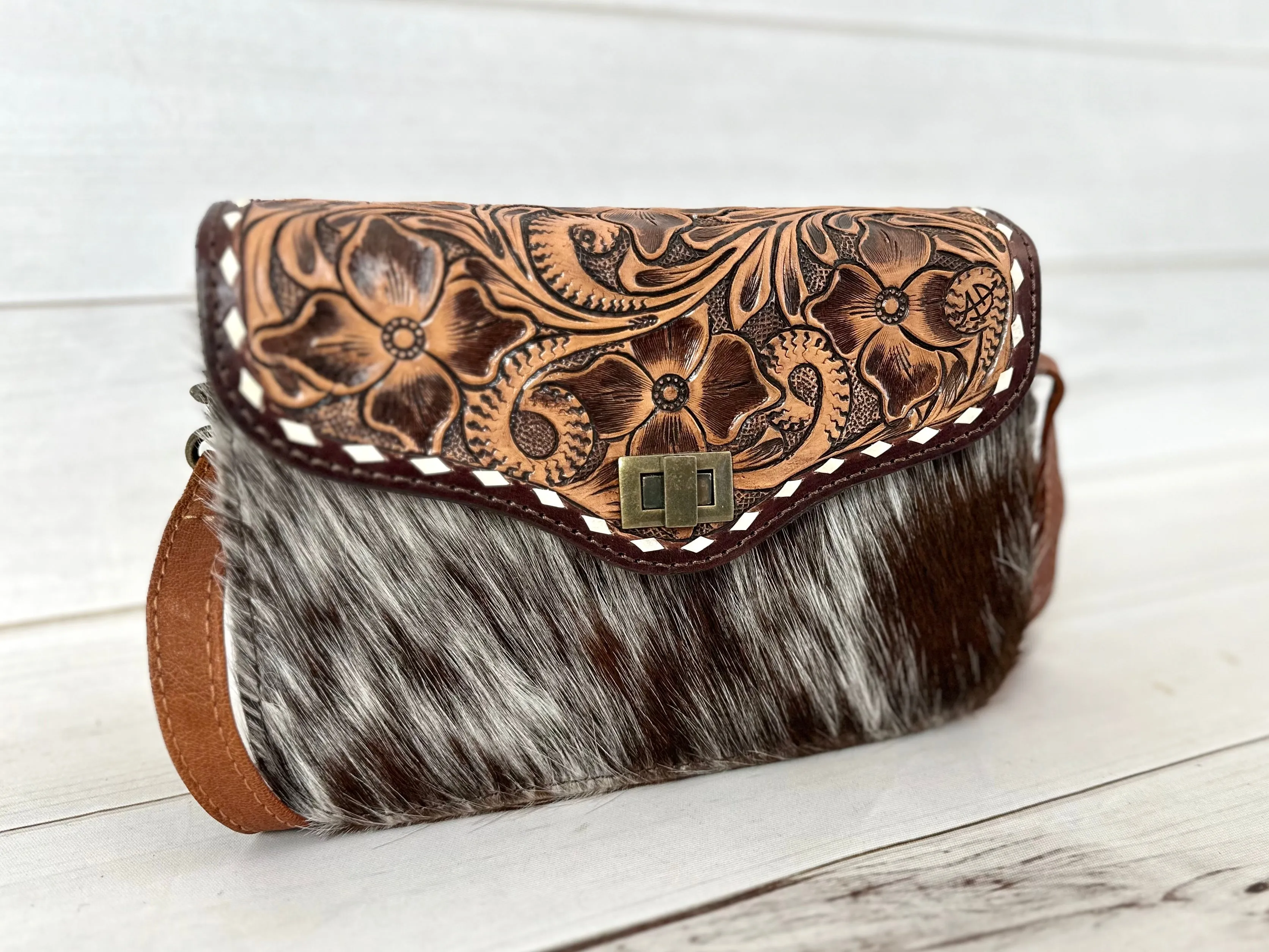 Western Leather Tooled and Cowhide Crossbody Envelope Style Bag