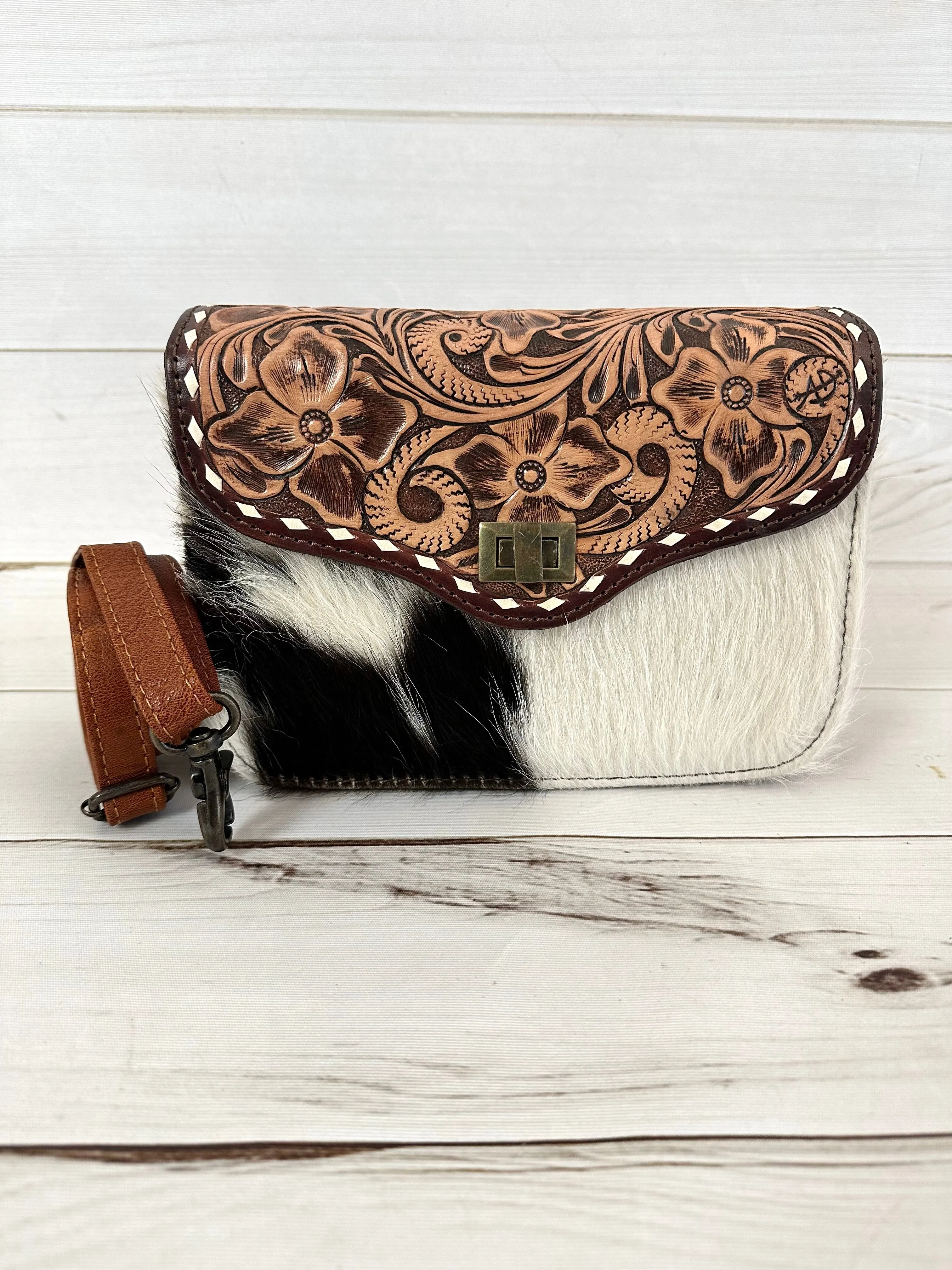 Western Leather Tooled and Cowhide Crossbody Envelope Style Bag