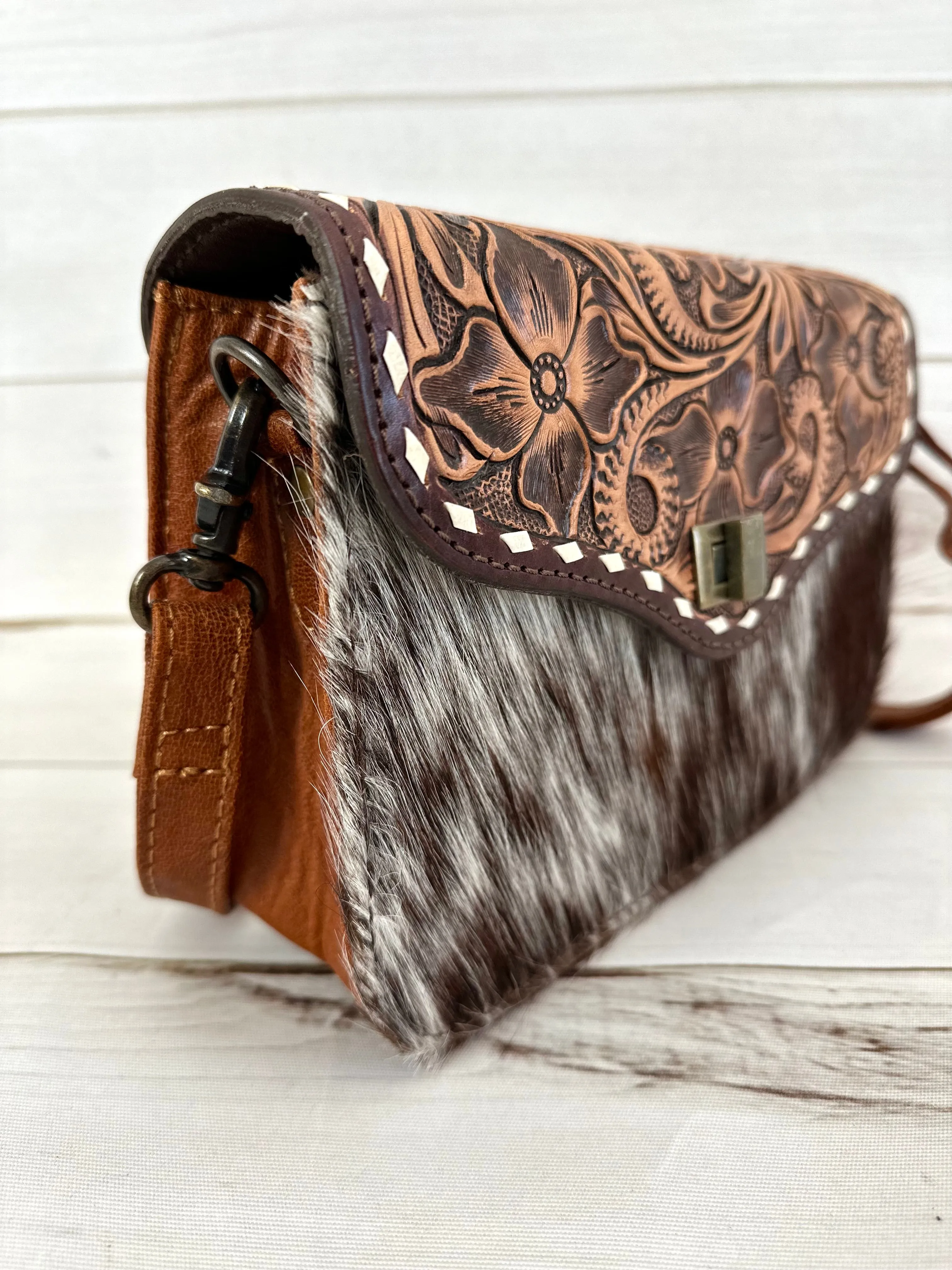 Western Leather Tooled and Cowhide Crossbody Envelope Style Bag
