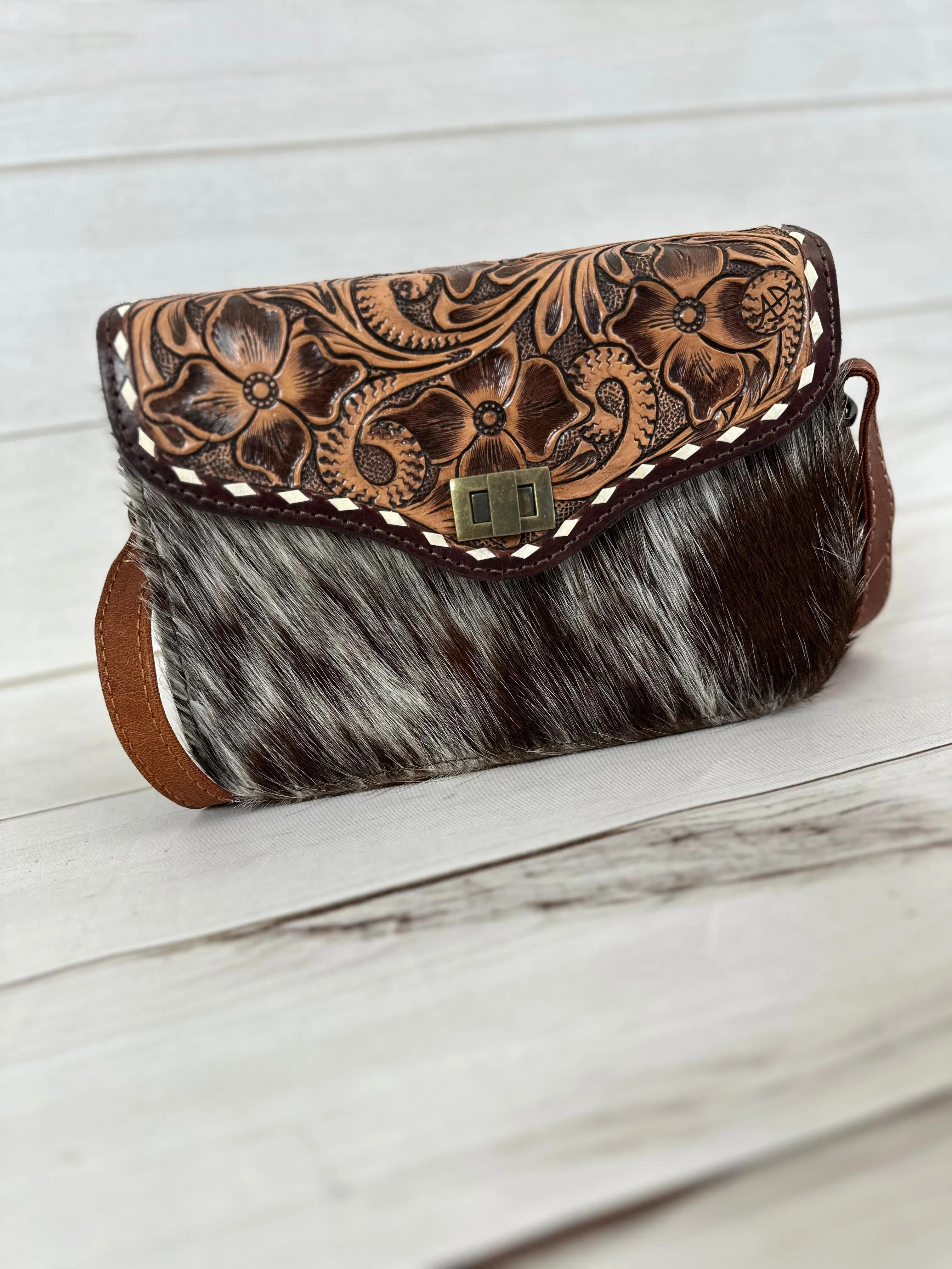 Western Leather Tooled and Cowhide Crossbody Envelope Style Bag