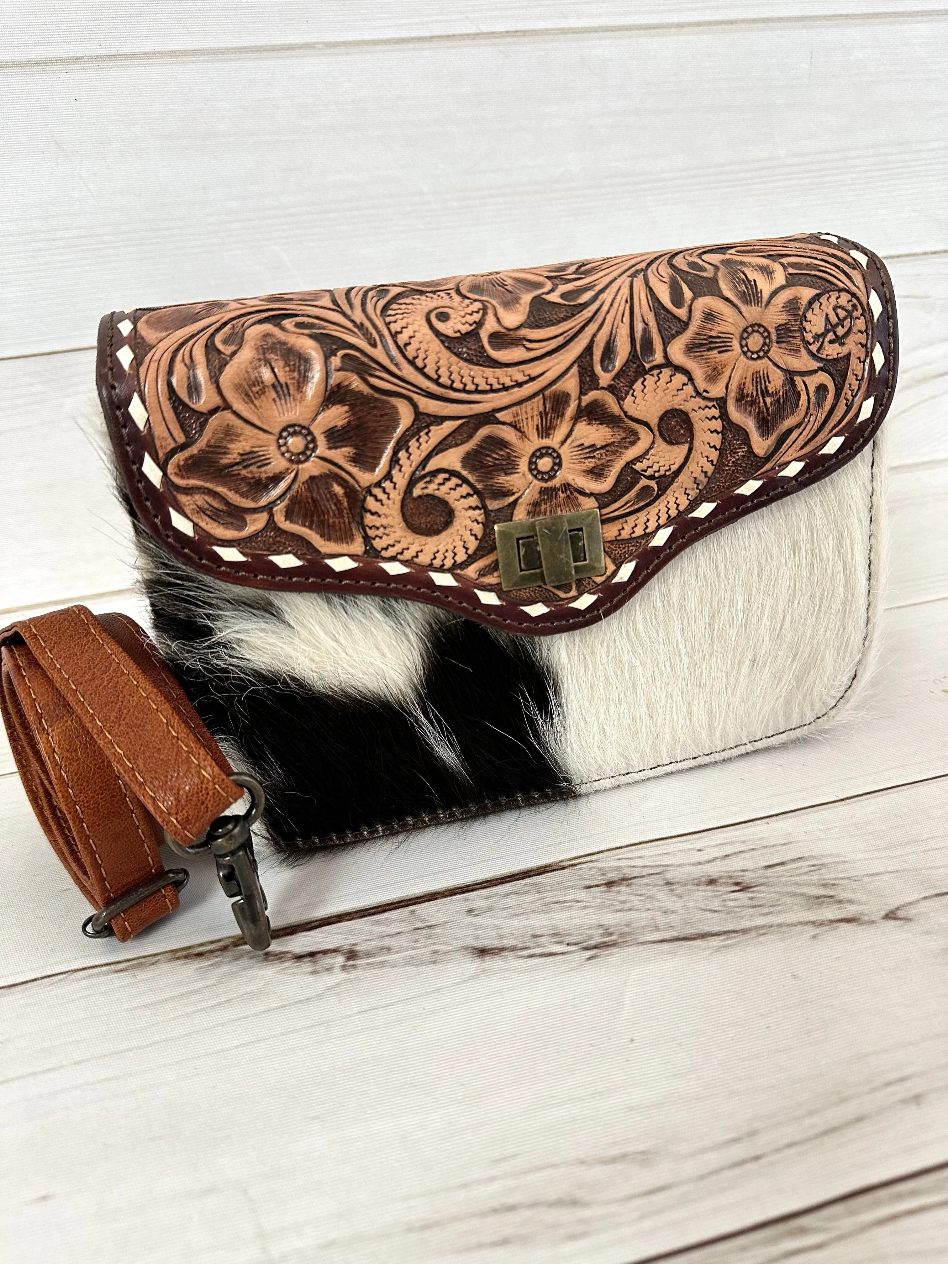 Western Leather Tooled and Cowhide Crossbody Envelope Style Bag